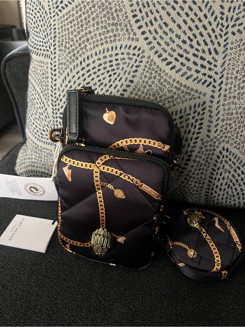 Kurt Geiger Black Quilted Mini Crossbody with Gold Chain Print